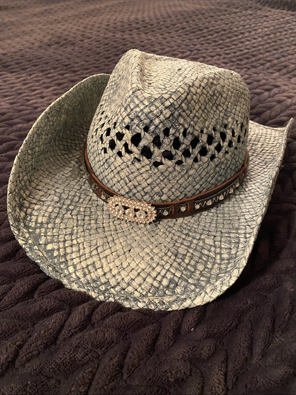 Blue Woven Straw Cowboy Hat with Brown Studded Band